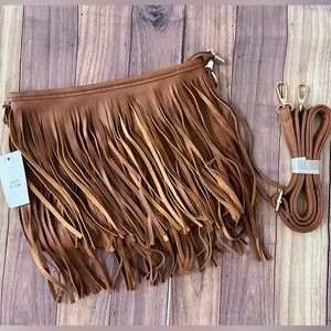 Fringed Tan Leather Crossbody Bag